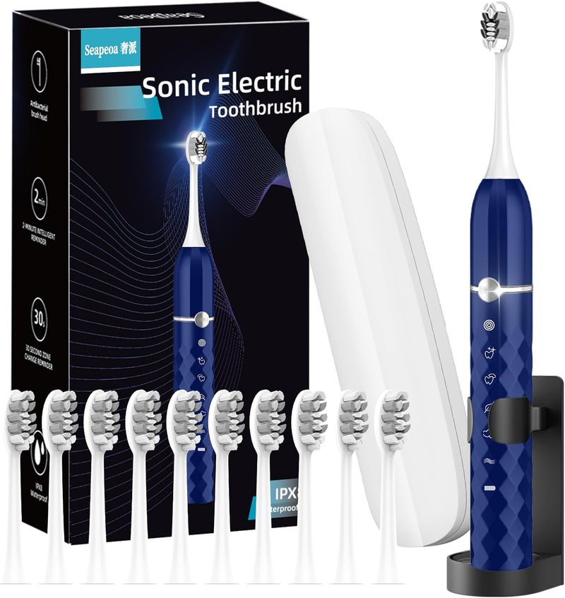 Seapeoa Electric Toothbrush Set, Equipped with 10 Brush Heads and Travel case, IPX8 Waterproof, 2-Minute Timer, 42000 high-Frequency Vibrations, 5 Modes, The First Choice for Gift Giving - Image 1